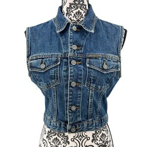 Vintage Y2K Calvin Klein Classic 90s Blue Denim Sleeveless Jacket Logo Buttons